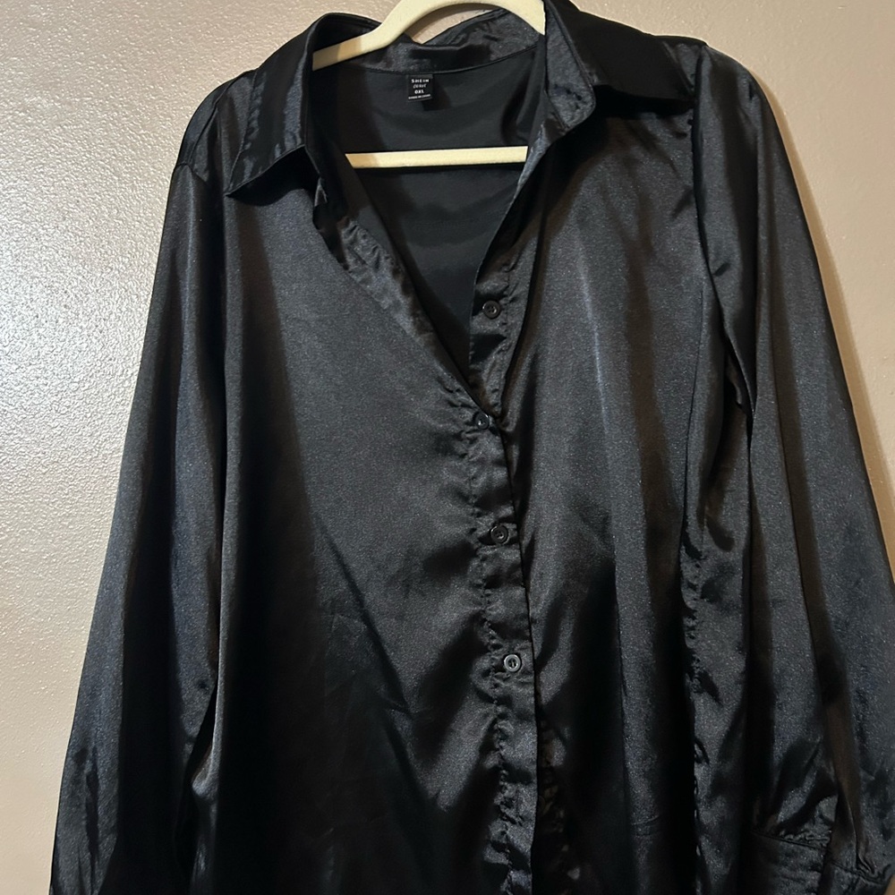 Black Satin Button-Up Shirt
